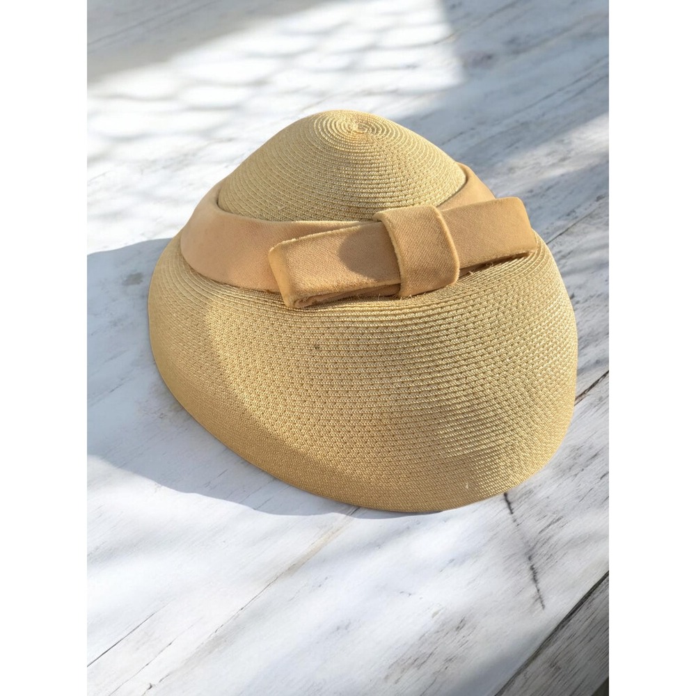 Mid-Century Vintage Pillbox Hat Henry Ross M Straw Velvet Ribbon Warm Tan Pinup‎